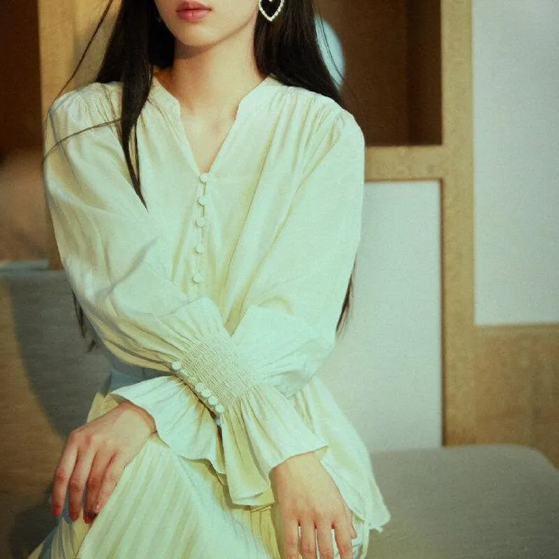 Joskaa Christmas Gift Kuzuwata Japan Style Elegant Fashion Woman clothing V-Neck Solid lantern sleeve drawstring Shirts 2024 Spring Summer Blouses