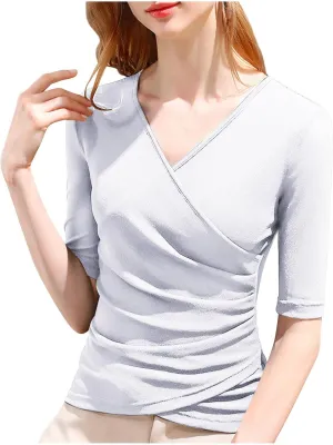 jovati Womens Casual V-Neck T-shirt Fashion Versatile Solid Short Sleeve Tunic Tops Loose Fit Comfy Elegant Blouse 2024
