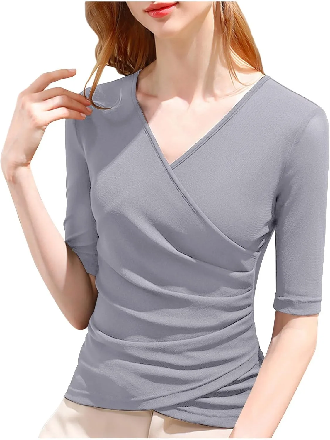 jovati Womens Casual V-Neck T-shirt Fashion Versatile Solid Short Sleeve Tunic Tops Loose Fit Comfy Elegant Blouse 2024