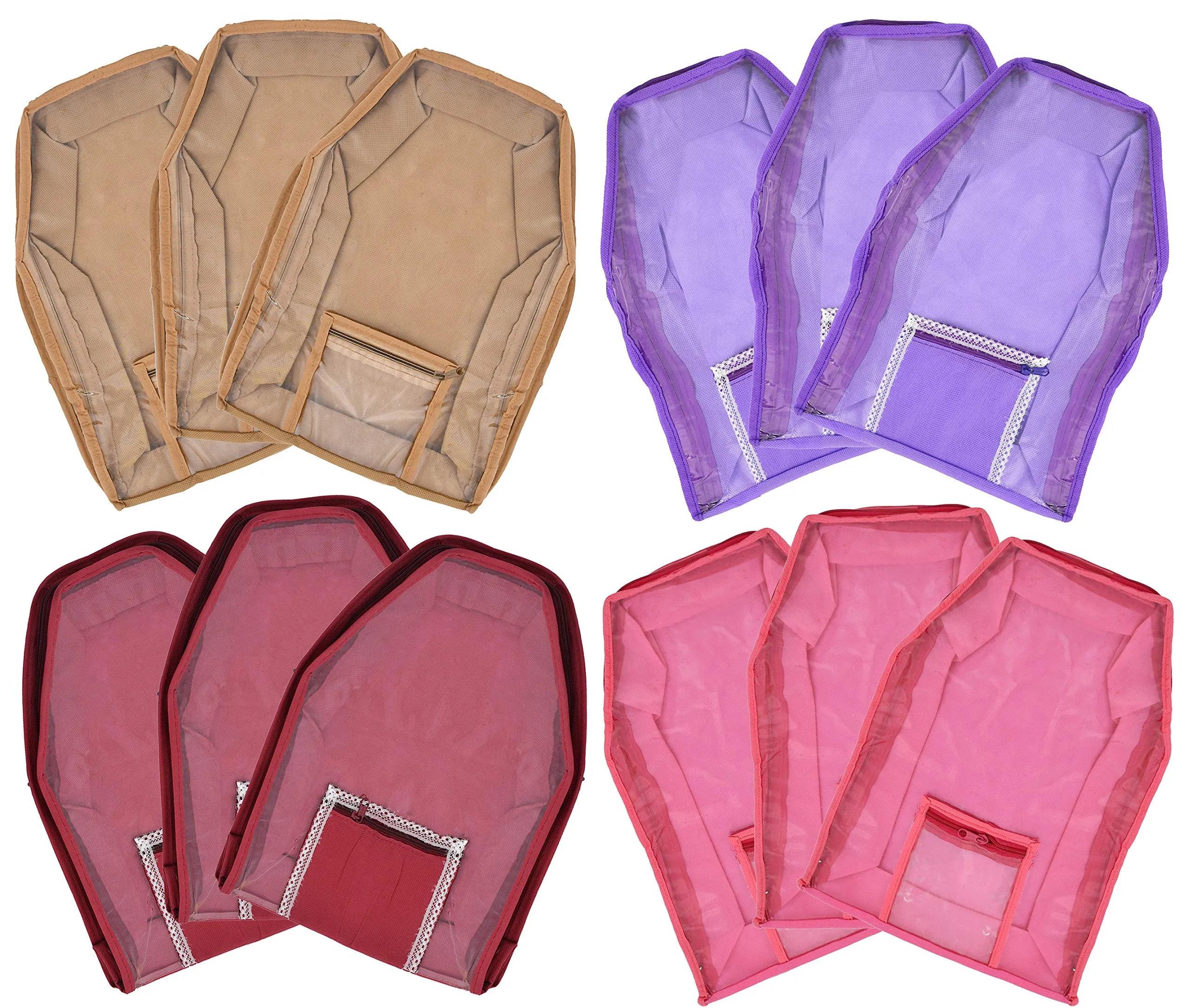 Kuber Industries 12 Piece Non Woven Blouse Cover with Front Transparent Window with Attached Pocket Set (Brown & Purple & Maroon & Pink)
