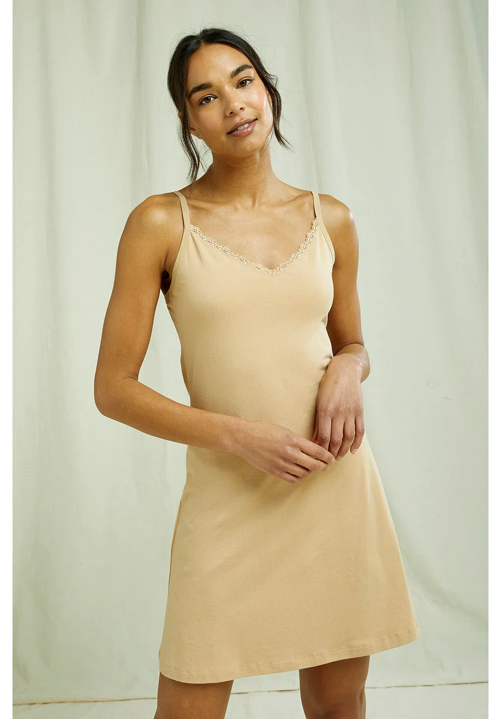 Lace Trim Slip Dress / Beige, XS