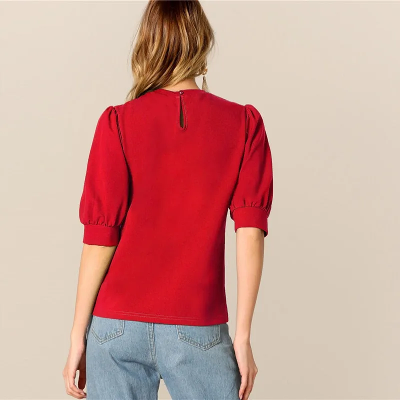 Ladies Casual Green Puff Sleeve Keyhole Back Solid Top And Blouse Workwear Half Sleeve Elegant Blouses