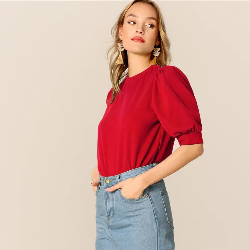 Ladies Casual Green Puff Sleeve Keyhole Back Solid Top And Blouse Workwear Half Sleeve Elegant Blouses
