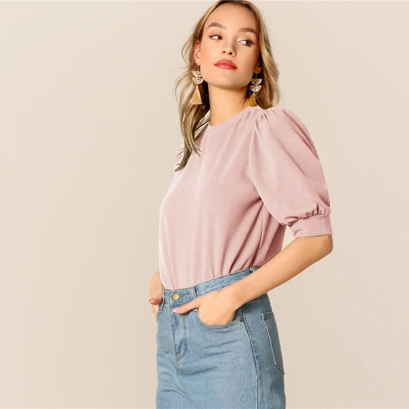Ladies Casual Green Puff Sleeve Keyhole Back Solid Top And Blouse Workwear Half Sleeve Elegant Blouses