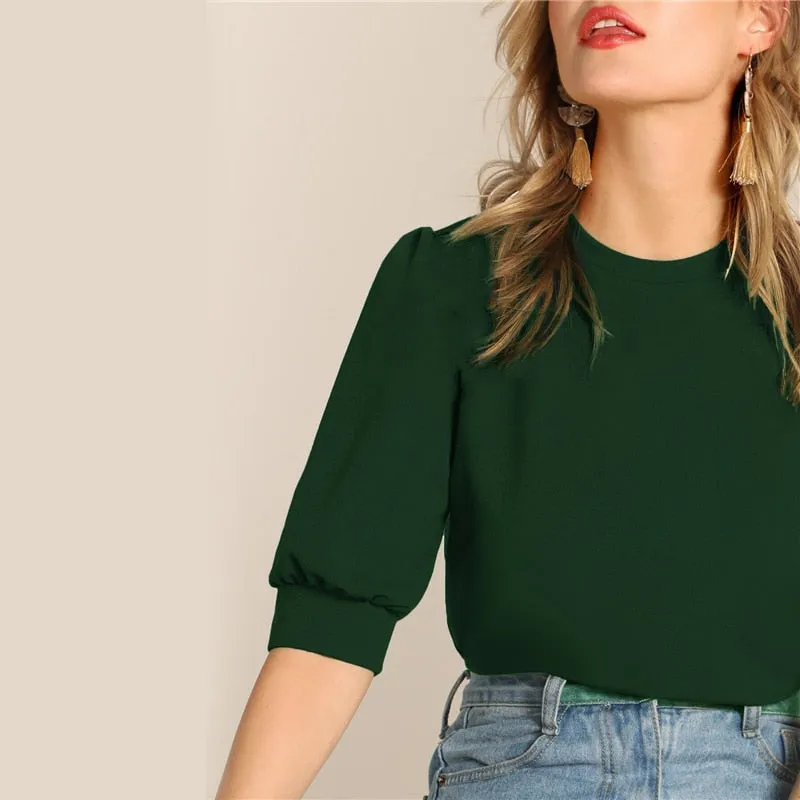 Ladies Casual Green Puff Sleeve Keyhole Back Solid Top And Blouse Workwear Half Sleeve Elegant Blouses