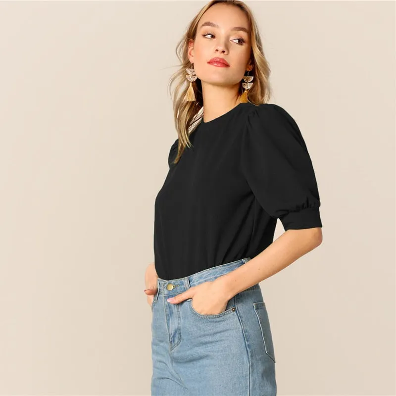 Ladies Casual Green Puff Sleeve Keyhole Back Solid Top And Blouse Workwear Half Sleeve Elegant Blouses