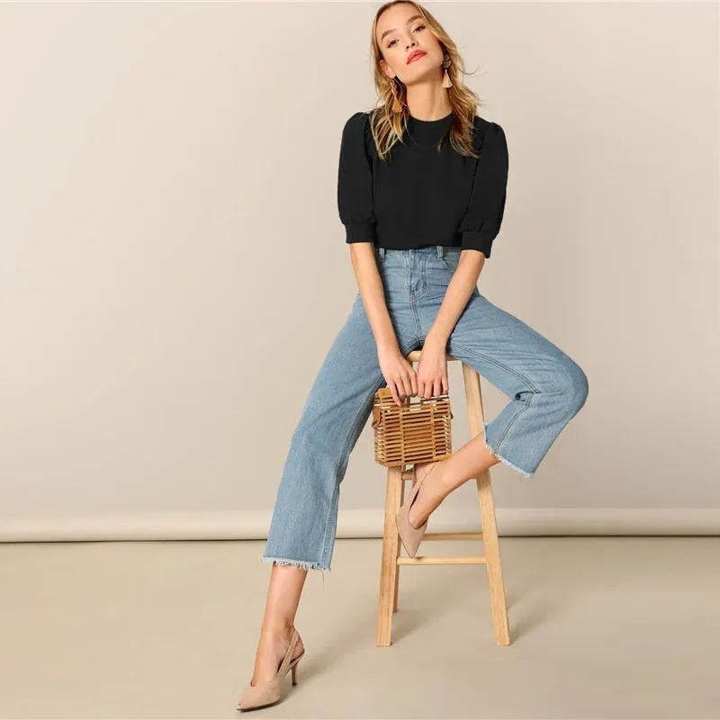 Ladies Casual Green Puff Sleeve Keyhole Back Solid Top And Blouse Workwear Half Sleeve Elegant Blouses