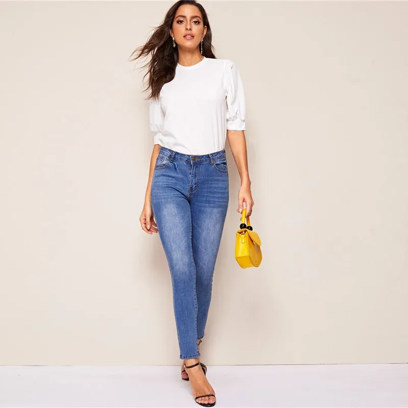 Ladies Casual Green Puff Sleeve Keyhole Back Solid Top And Blouse Workwear Half Sleeve Elegant Blouses