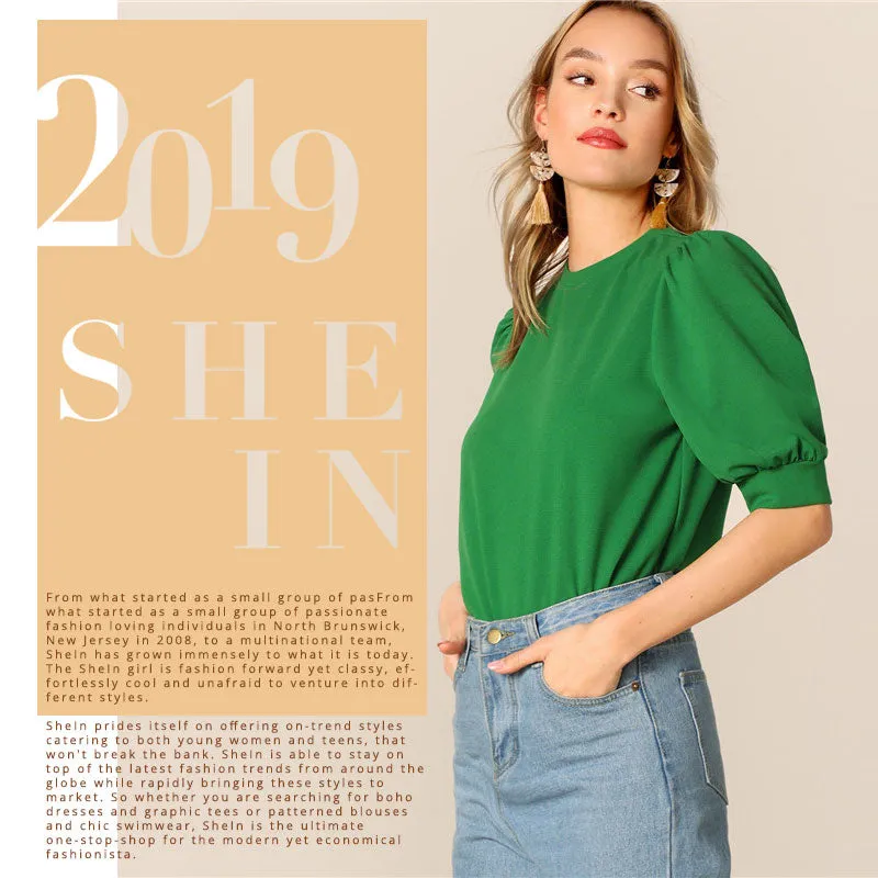 Ladies Casual Green Puff Sleeve Keyhole Back Solid Top And Blouse Workwear Half Sleeve Elegant Blouses