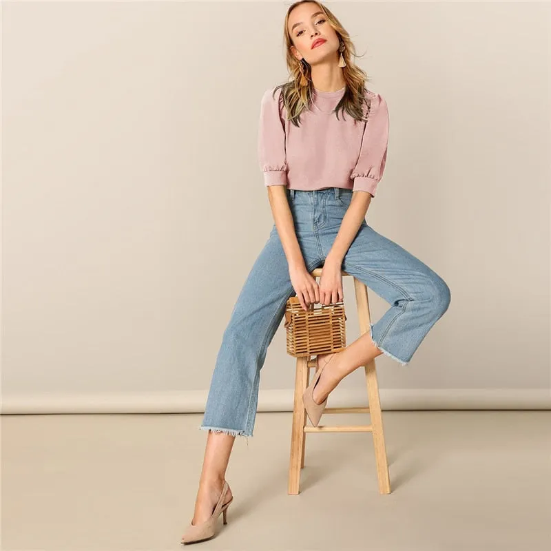 Ladies Casual Green Puff Sleeve Keyhole Back Solid Top And Blouse Workwear Half Sleeve Elegant Blouses