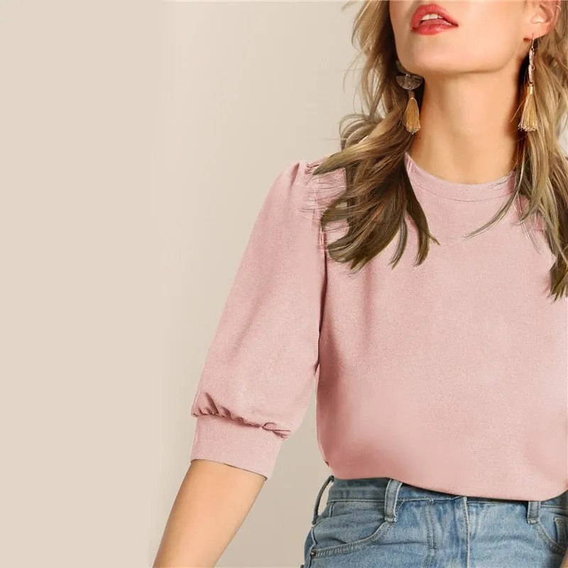 Ladies Casual Green Puff Sleeve Keyhole Back Solid Top And Blouse Workwear Half Sleeve Elegant Blouses