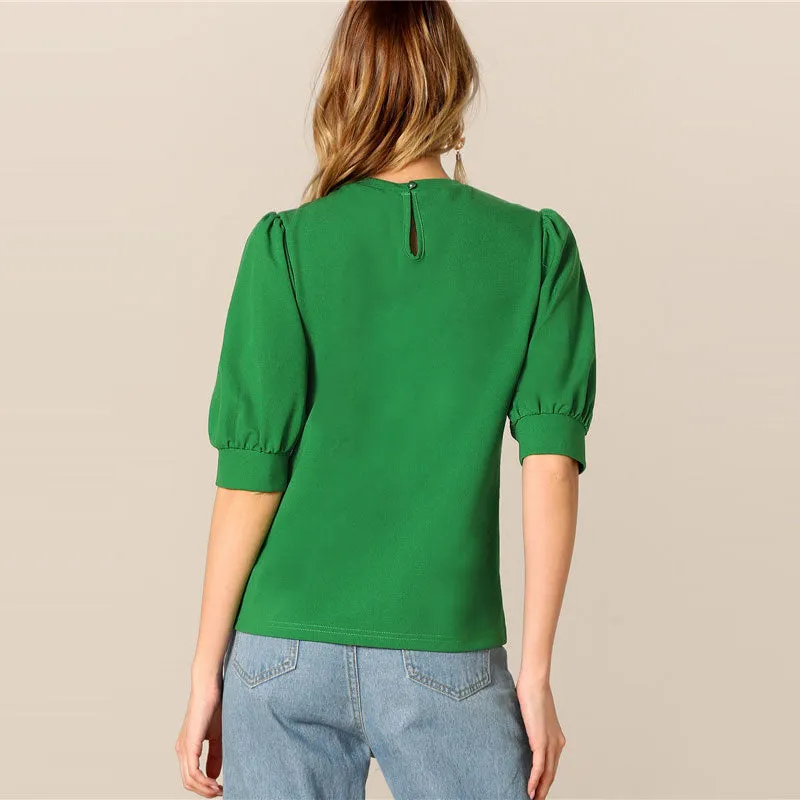 Ladies Casual Green Puff Sleeve Keyhole Back Solid Top And Blouse Workwear Half Sleeve Elegant Blouses