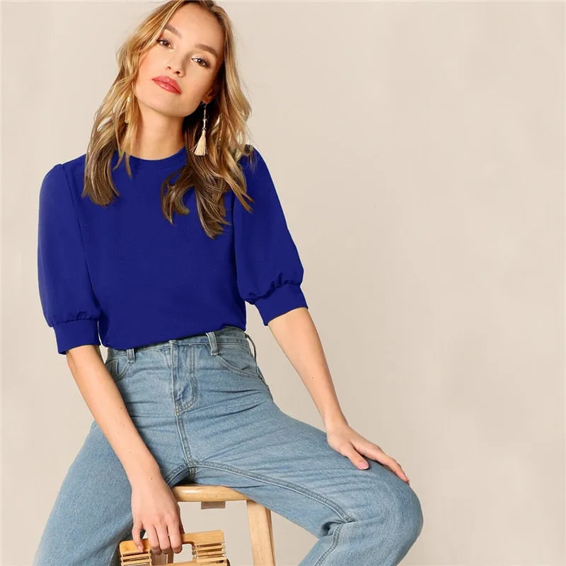 Ladies Casual Green Puff Sleeve Keyhole Back Solid Top And Blouse Workwear Half Sleeve Elegant Blouses