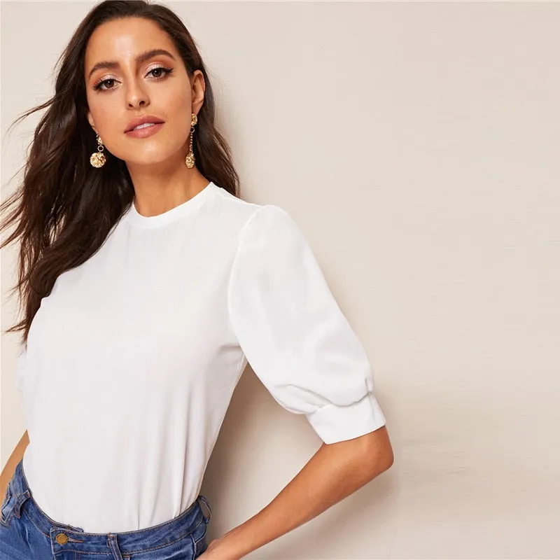 Ladies Casual Green Puff Sleeve Keyhole Back Solid Top And Blouse Workwear Half Sleeve Elegant Blouses