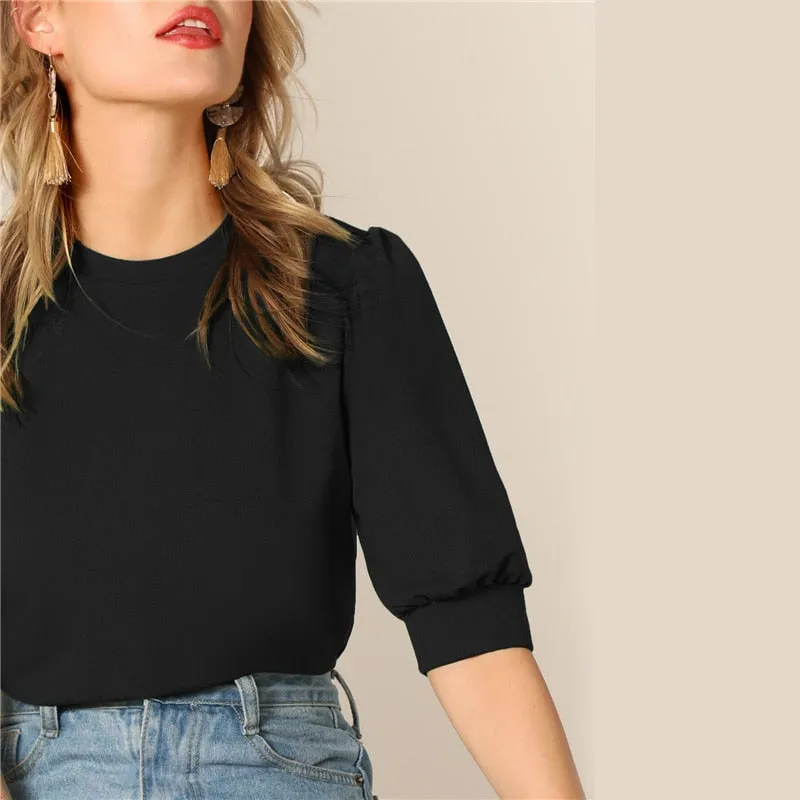 Ladies Casual Green Puff Sleeve Keyhole Back Solid Top And Blouse Workwear Half Sleeve Elegant Blouses