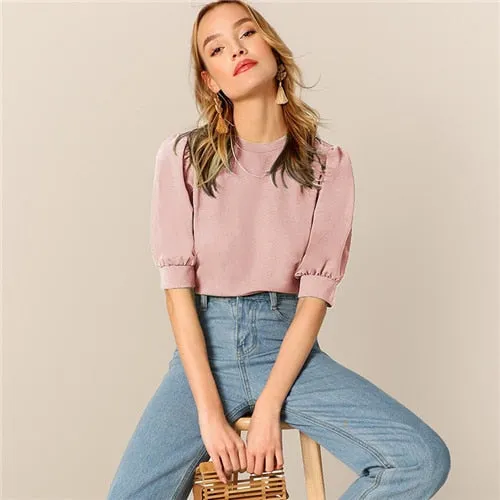Ladies Casual Green Puff Sleeve Keyhole Back Solid Top And Blouse Workwear Half Sleeve Elegant Blouses