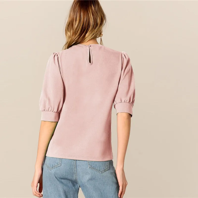 Ladies Casual Green Puff Sleeve Keyhole Back Solid Top And Blouse Workwear Half Sleeve Elegant Blouses