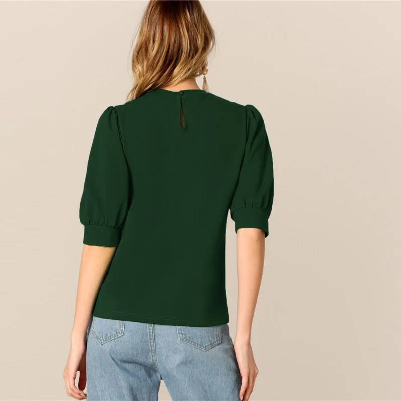 Ladies Casual Green Puff Sleeve Keyhole Back Solid Top And Blouse Workwear Half Sleeve Elegant Blouses