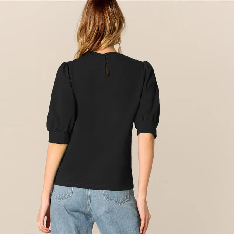 Ladies Casual Green Puff Sleeve Keyhole Back Solid Top And Blouse Workwear Half Sleeve Elegant Blouses