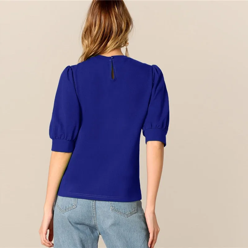 Ladies Casual Green Puff Sleeve Keyhole Back Solid Top And Blouse Workwear Half Sleeve Elegant Blouses