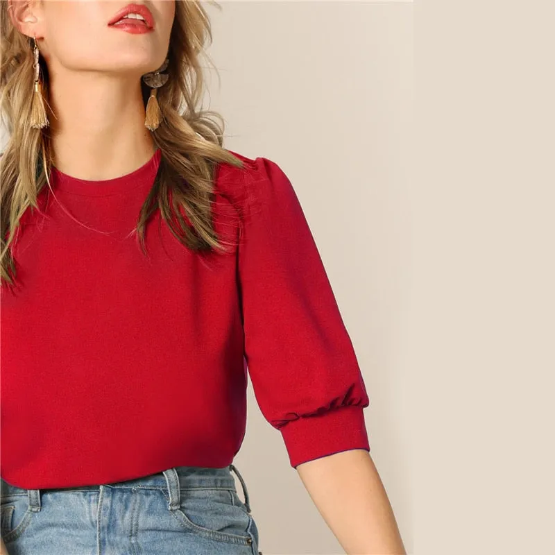 Ladies Casual Green Puff Sleeve Keyhole Back Solid Top And Blouse Workwear Half Sleeve Elegant Blouses