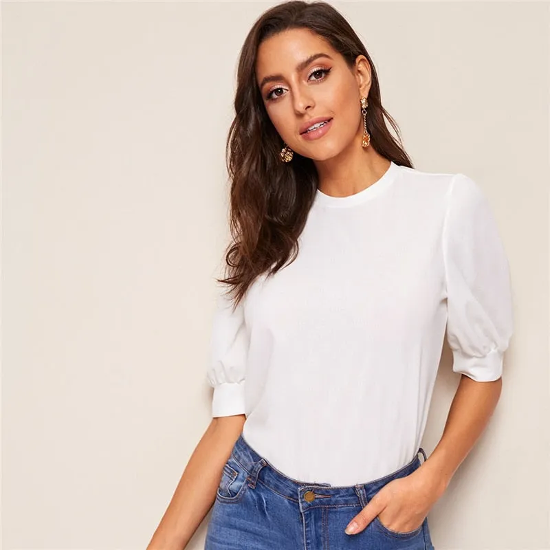 Ladies Casual Green Puff Sleeve Keyhole Back Solid Top And Blouse Workwear Half Sleeve Elegant Blouses