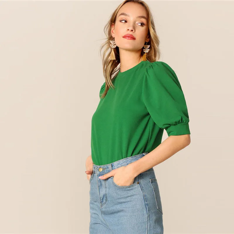 Ladies Casual Green Puff Sleeve Keyhole Back Solid Top And Blouse Workwear Half Sleeve Elegant Blouses