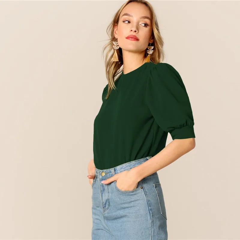 Ladies Casual Green Puff Sleeve Keyhole Back Solid Top And Blouse Workwear Half Sleeve Elegant Blouses