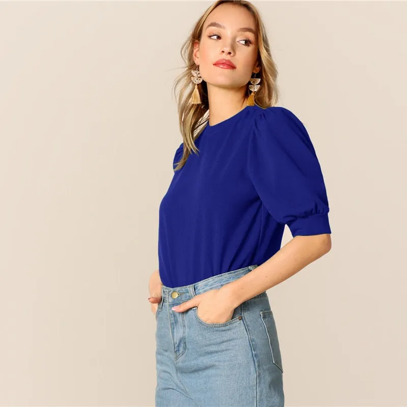 Ladies Casual Green Puff Sleeve Keyhole Back Solid Top And Blouse Workwear Half Sleeve Elegant Blouses