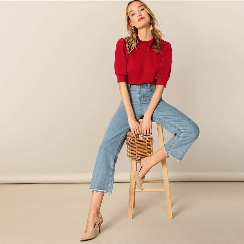 Ladies Casual Green Puff Sleeve Keyhole Back Solid Top And Blouse Workwear Half Sleeve Elegant Blouses