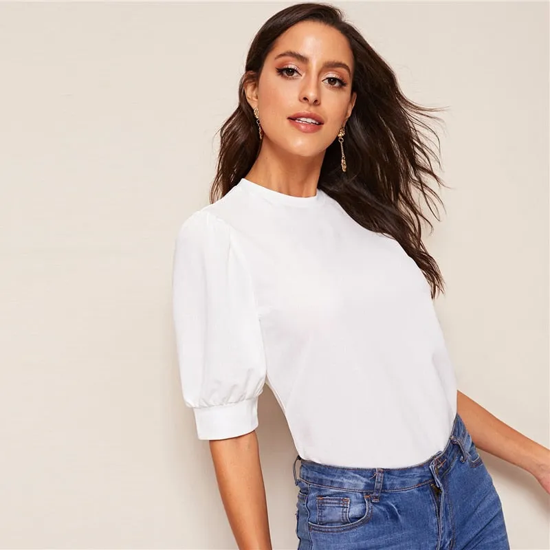 Ladies Casual Green Puff Sleeve Keyhole Back Solid Top And Blouse Workwear Half Sleeve Elegant Blouses