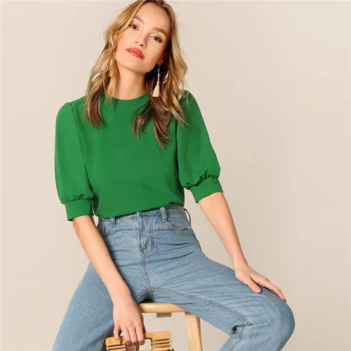 Ladies Casual Green Puff Sleeve Keyhole Back Solid Top And Blouse Workwear Half Sleeve Elegant Blouses