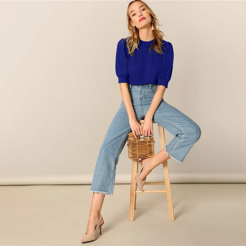 Ladies Casual Green Puff Sleeve Keyhole Back Solid Top And Blouse Workwear Half Sleeve Elegant Blouses