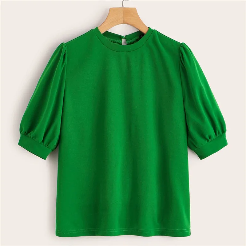 Ladies Casual Green Puff Sleeve Keyhole Back Solid Top And Blouse Workwear Half Sleeve Elegant Blouses