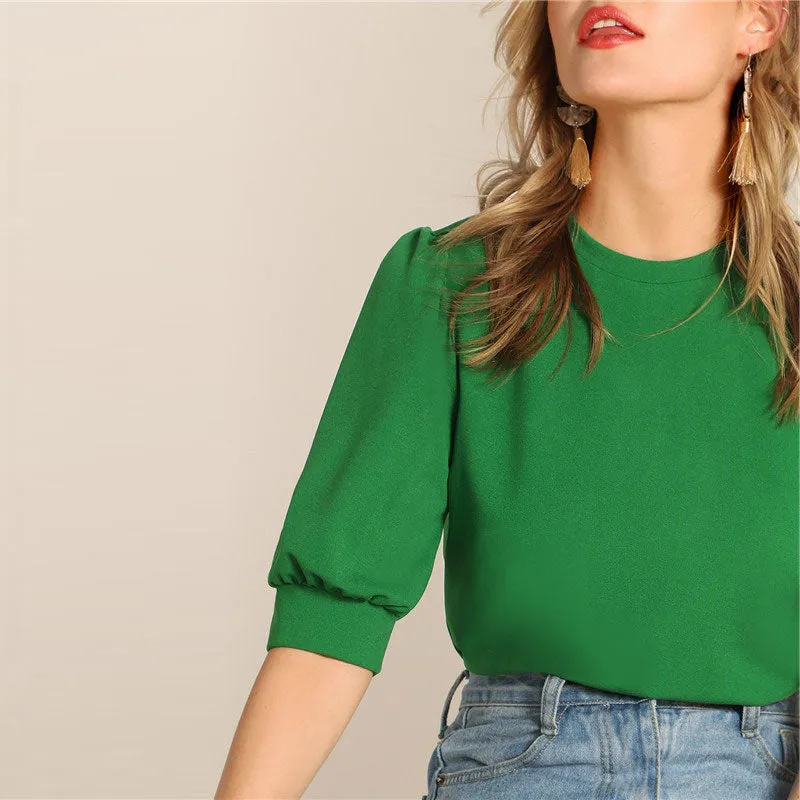 Ladies Casual Green Puff Sleeve Keyhole Back Solid Top And Blouse Workwear Half Sleeve Elegant Blouses