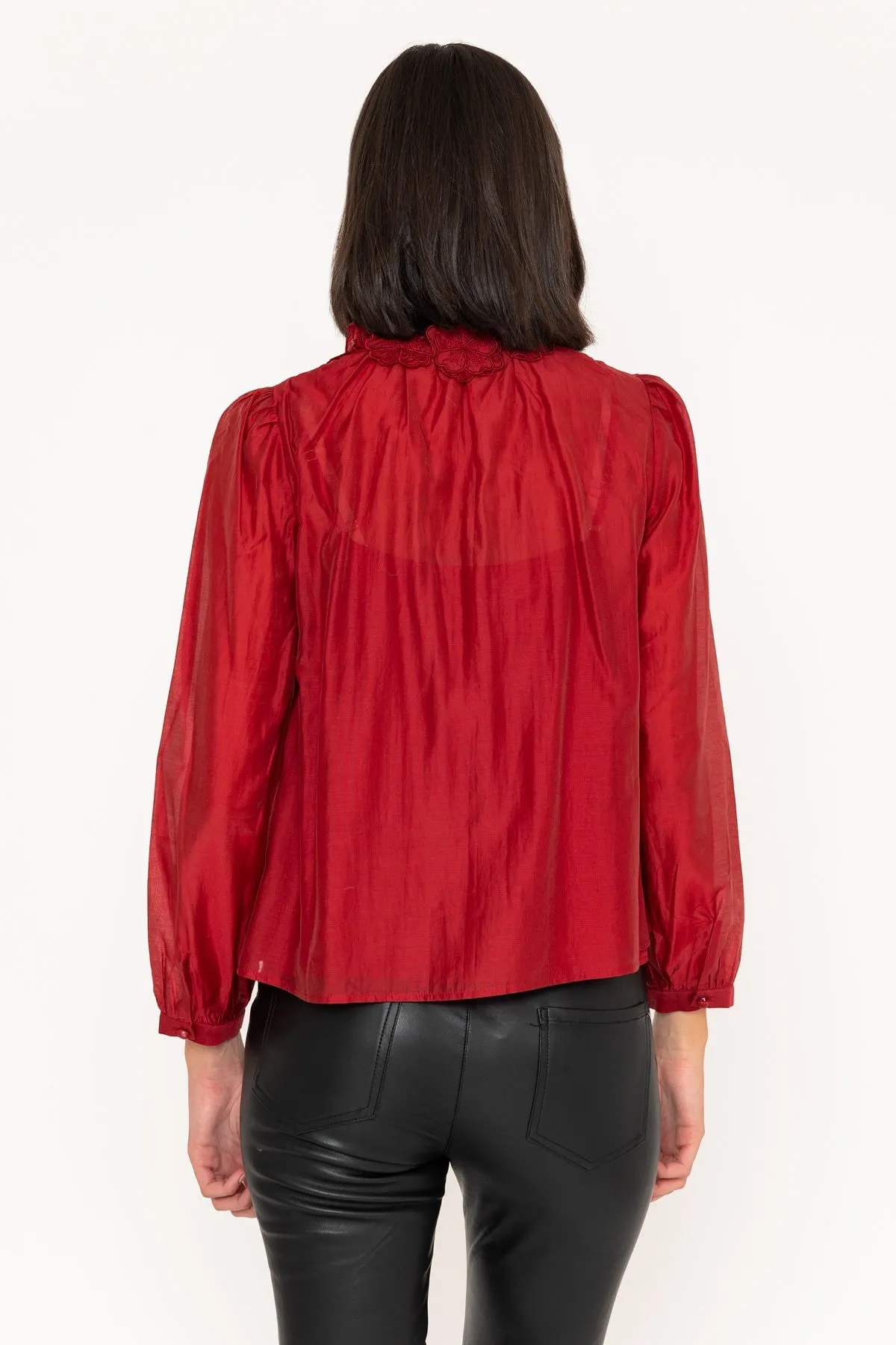 Long Sleeve Burgundy Blouse with Neckline Flower Detailing