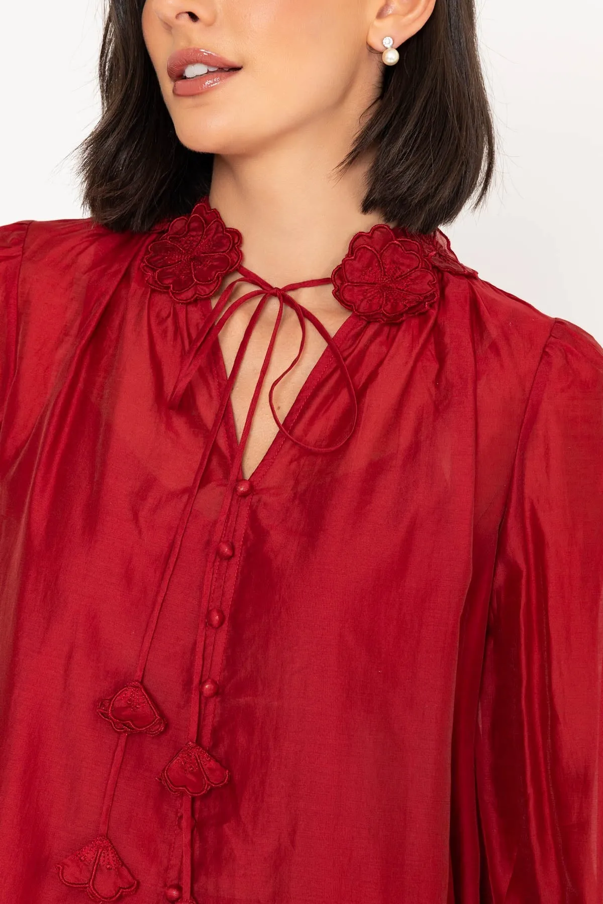 Long Sleeve Burgundy Blouse with Neckline Flower Detailing