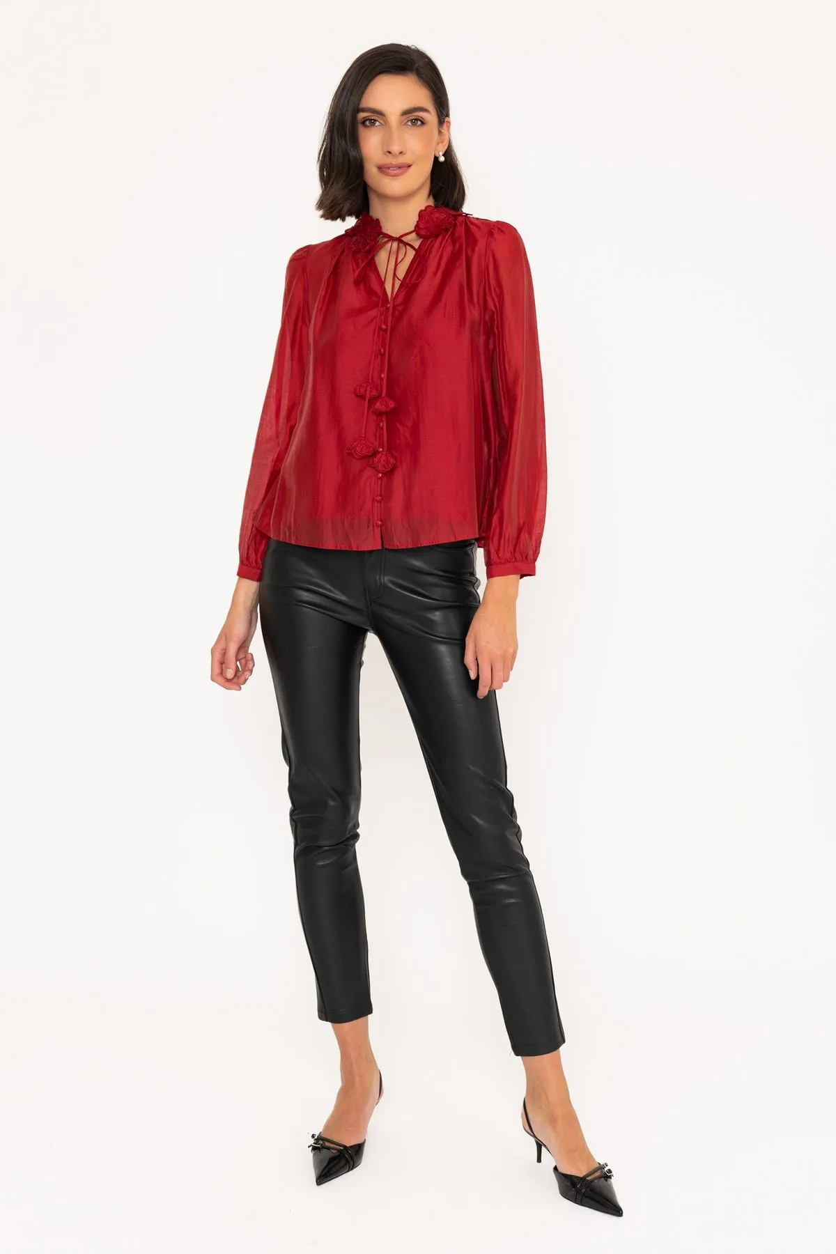 Long Sleeve Burgundy Blouse with Neckline Flower Detailing