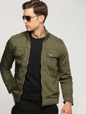 Men Olive Mock Collar Solid Tailored Jacket