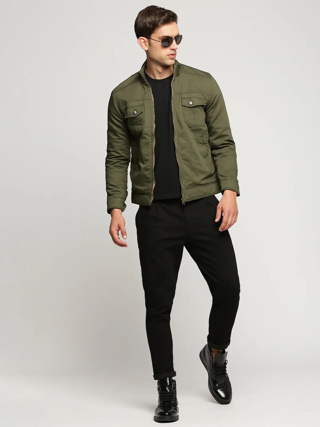 Men Olive Mock Collar Solid Tailored Jacket