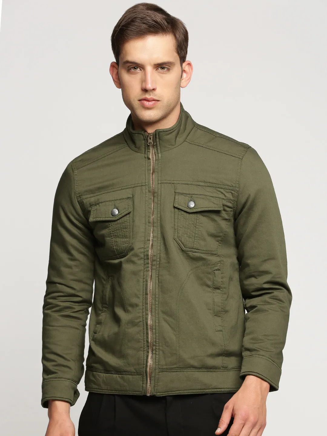 Men Olive Mock Collar Solid Tailored Jacket