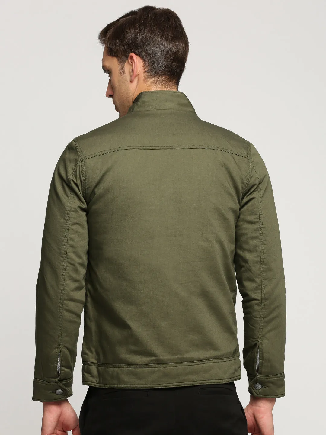 Men Olive Mock Collar Solid Tailored Jacket