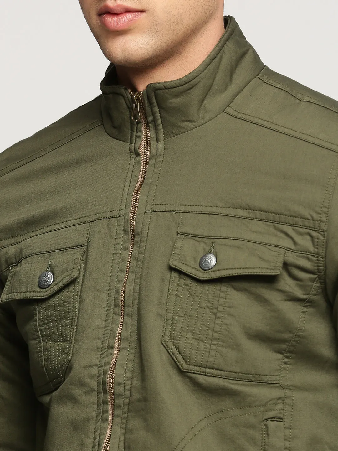 Men Olive Mock Collar Solid Tailored Jacket