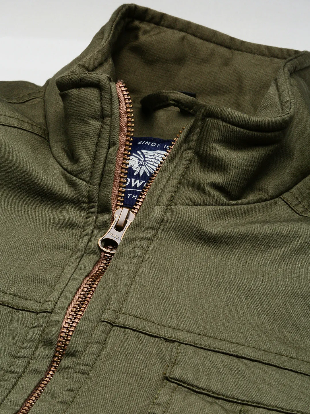 Men Olive Mock Collar Solid Tailored Jacket