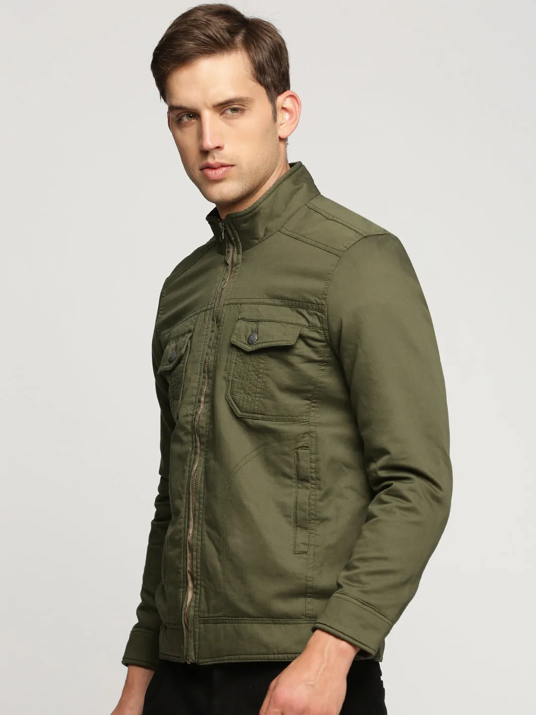 Men Olive Mock Collar Solid Tailored Jacket