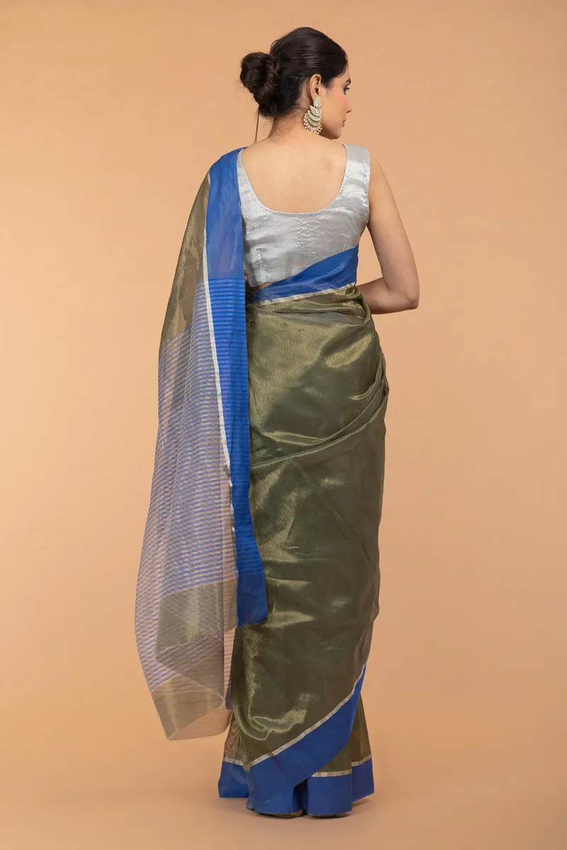 Metallic Khaki Green Tissue Saree With Blue Border  (Handloom)