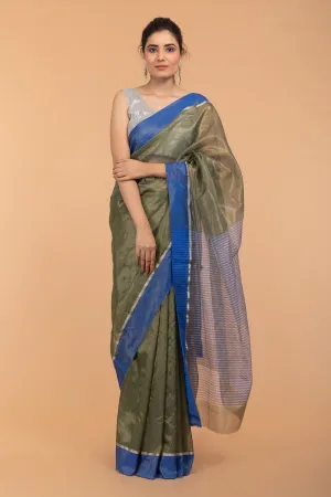 Metallic Khaki Green Tissue Saree With Blue Border  (Handloom)
