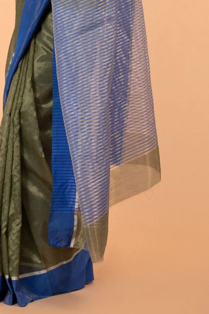 Metallic Khaki Green Tissue Saree With Blue Border  (Handloom)