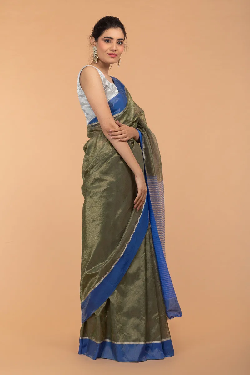 Metallic Khaki Green Tissue Saree With Blue Border  (Handloom)