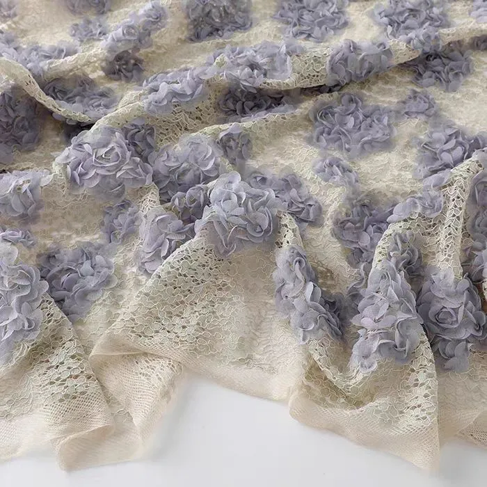 Misty Purple 3D Rose Floral Embroidered Lace Fabric